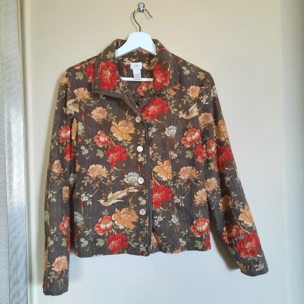 J. Jill Brown and Red Floral Blazer Shabby Chic Grandma Cottage Cottagecore